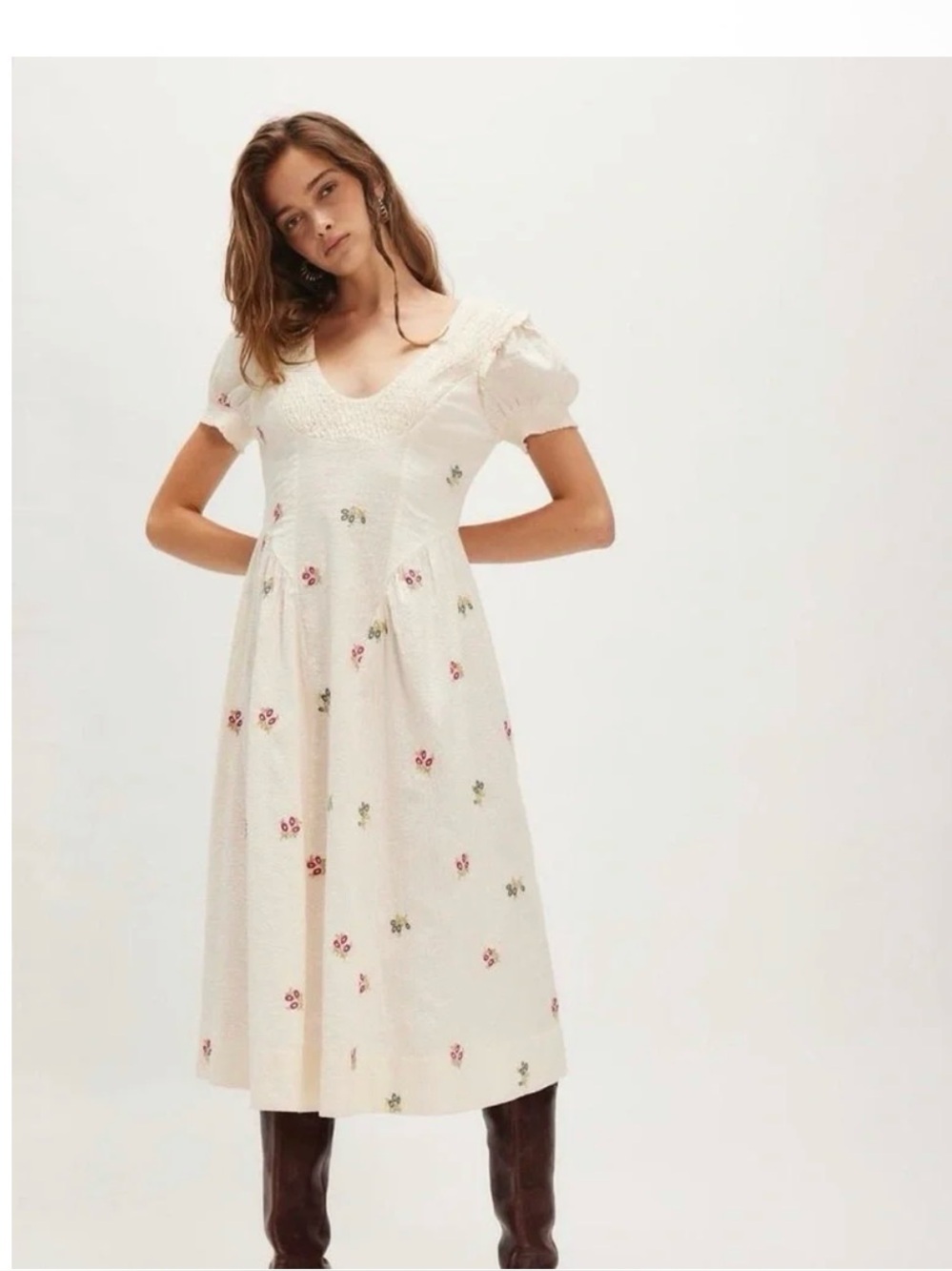 BMWT Free People Cream Floral Embroidered Puff-Sleeve Midi Dress - Picture 2 of 5